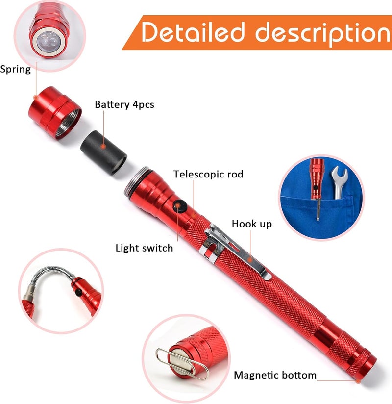 KUCHEY Magnetic Flashlight Pickup Tool Dad Gifts Cool Magnet Telescoping Gadgets with LED Gifts for Mens Husband Him Red - Image 3