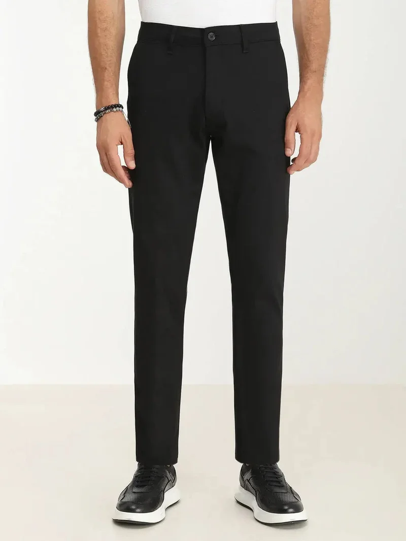 Kip Black Weaving Regular Fit Casual Cotton Blended Trousers