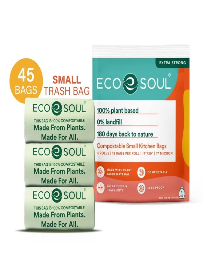 ECO SOUL [17 inch x 19 inch, 45 Pack] Small Compostable Trash Bags | Eco-Friendly Non OXO-Biodegradable Bags for Garbage Bins | Heavy Duty & Leak-Resistant | Home, Office & Kitchen Use (43 x 48 cm) - Image 1