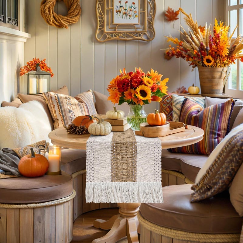 Boho Coffee Table Runner Short Fall Coffee Table Cover 48 inches Long Woven Macrame Dresser Runner Cover Top for Bedroom Side Table Breakfast Table Christmas Rustic Farmhouse Home Decor
