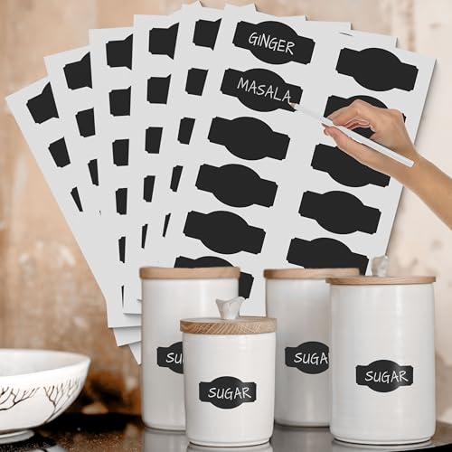JUKR Black Vinyl (72 PCS) Multipurpose Waterproof Chalkboard Stickers for Kitchen Spice Masala Herbal Jars Storage Containers Bottles, Bathroom Makeup Items Pantry Labels with White Pencil for Home - Image 1