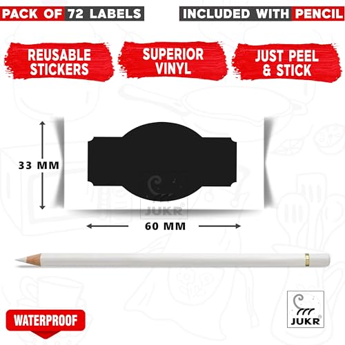 JUKR Black Vinyl (72 PCS) Multipurpose Waterproof Chalkboard Stickers for Kitchen Spice Masala Herbal Jars Storage Containers Bottles, Bathroom Makeup Items Pantry Labels with White Pencil for Home - Image 4