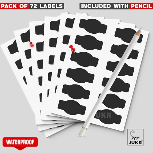 JUKR Black Vinyl (72 PCS) Multipurpose Waterproof Chalkboard Stickers for Kitchen Spice Masala Herbal Jars Storage Containers Bottles, Bathroom Makeup Items Pantry Labels with White Pencil for Home - Image 2