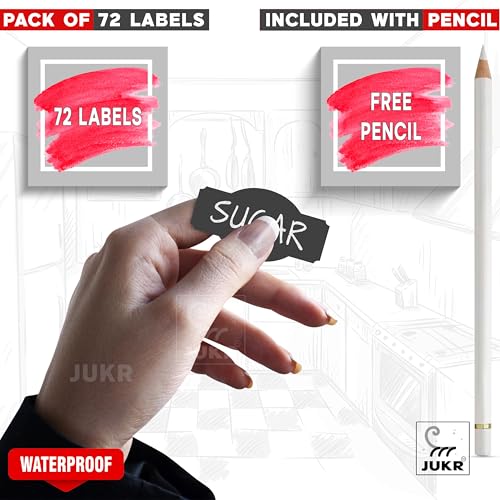 JUKR Black Vinyl (72 PCS) Multipurpose Waterproof Chalkboard Stickers for Kitchen Spice Masala Herbal Jars Storage Containers Bottles, Bathroom Makeup Items Pantry Labels with White Pencil for Home - Image 3