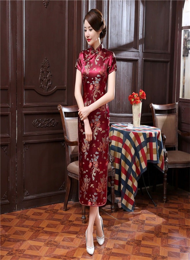 Loquat Dragon And Phoenix Short Sleeved Long Skirt Wine Red  - Image 1