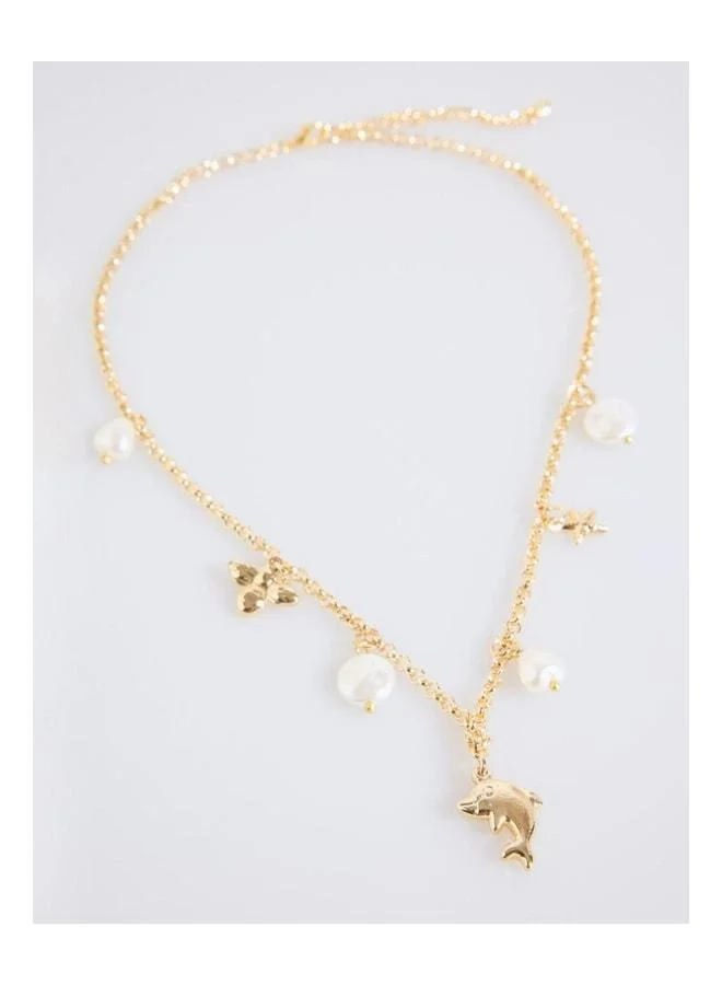 Jimmy Key Gold-Colored Fish Figure Pearl Adjustable Necklace.