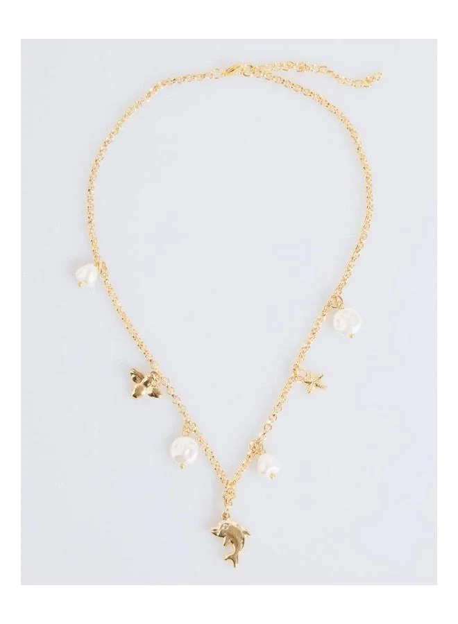Jimmy Key Gold-Colored Fish Figure Pearl Adjustable Necklace.
