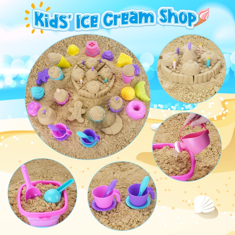 TSDATOWR Ice Cream Beach Toys Sand Toys Set for Kids, Collapsible Sand Bucket and Shovels Set with Mesh Bag, Sand Molds, Watering Can, Sandbox Toys for Kids and Toddlers, Travel Sand Toys for Beach - Image 5
