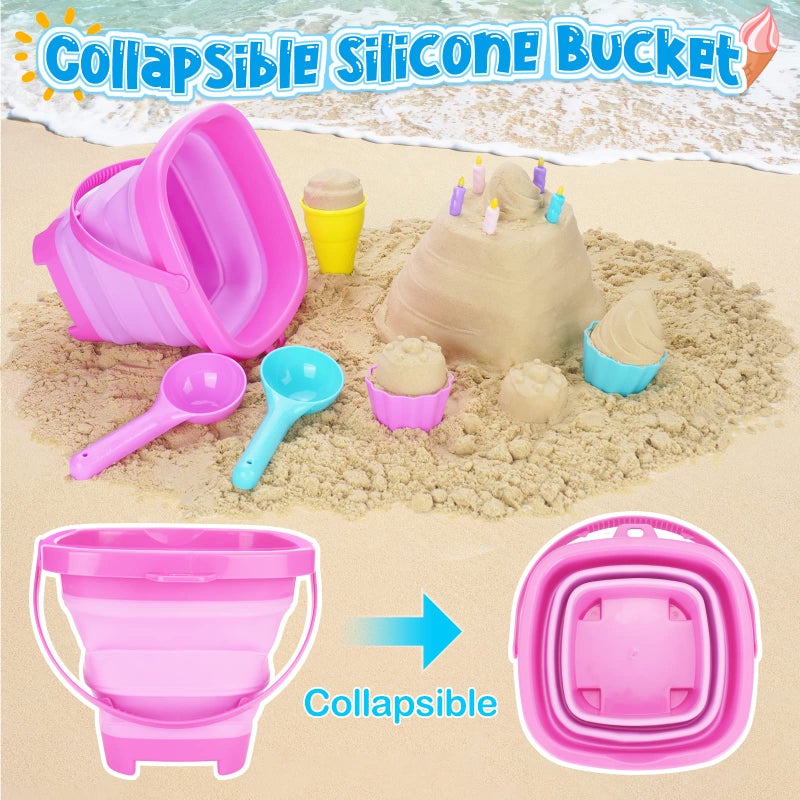 TSDATOWR Ice Cream Beach Toys Sand Toys Set for Kids, Collapsible Sand Bucket and Shovels Set with Mesh Bag, Sand Molds, Watering Can, Sandbox Toys for Kids and Toddlers, Travel Sand Toys for Beach - Image 2