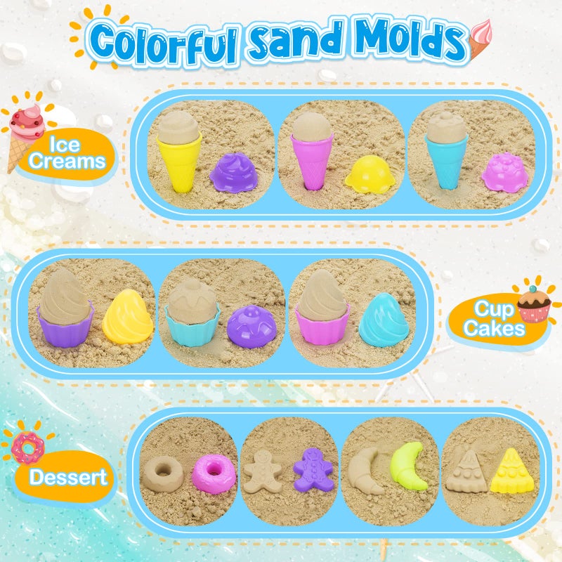 TSDATOWR Ice Cream Beach Toys Sand Toys Set for Kids, Collapsible Sand Bucket and Shovels Set with Mesh Bag, Sand Molds, Watering Can, Sandbox Toys for Kids and Toddlers, Travel Sand Toys for Beach - Image 4