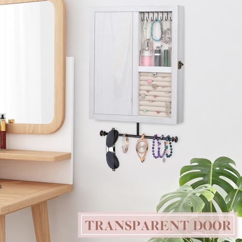 Keebofly Wall Mounted Jewelry Organizer With Rustic Wood Large Space Jewelry Cabinet, Holder, Storage Box for Necklaces, Earrings, Bracelets, Ring Holder, and Accessories White - Image 2
