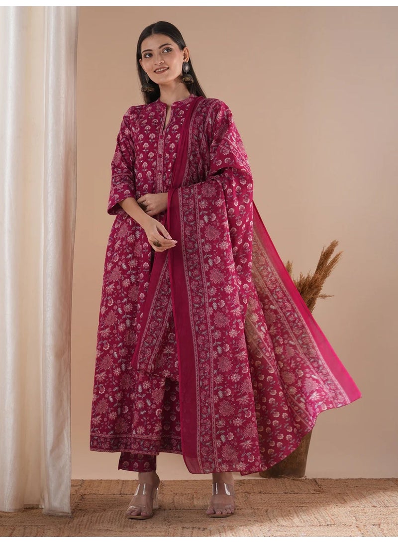 Women's Floral Anarkali Kurta Set in Pure Cotton - Image 1
