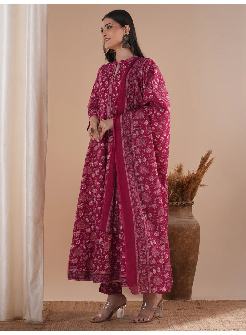 Women's Floral Anarkali Kurta Set in Pure Cotton - Image 3