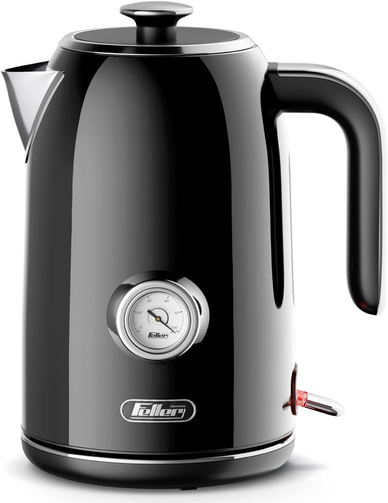 Feller Budget global standard quality Germany, Retro Style 1.7L Kettle with Thermometer, 2200 W, Stainless Steel Body, STRIX Controller, Dry Boil & Automatic Switch-Off, EK200, 2Y Guarantee-KSA Version (Black) Flexible usage build - Image 1