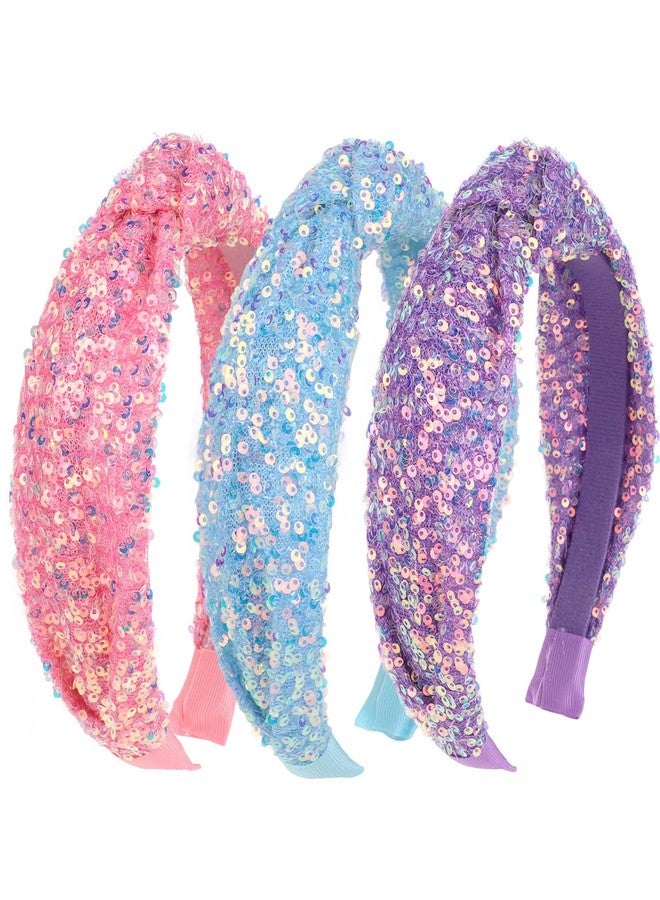 Uintoon Headbands for Girls, 3 Pack Sequin Knotted Headband for Women Set Cute Glitter Girl Headbands Purple Blue Pink Knot Headband Sparkly Hairband Head Bands Hair Accessories for Girls Toddler - Image 1
