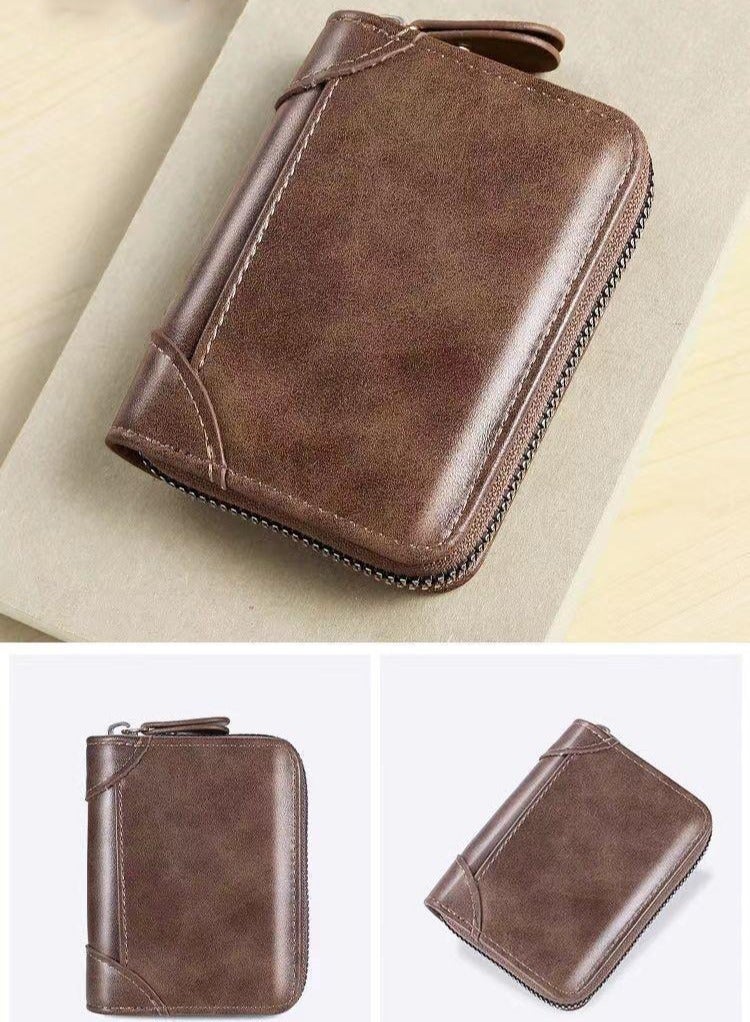 Hogan Men's RFID Blocking Leather Wallet - 12 Slot Organizer with Coin Pocket | Retro Crazy Horse Grain, Compact Slim Design (Dark Brown) - Image 3