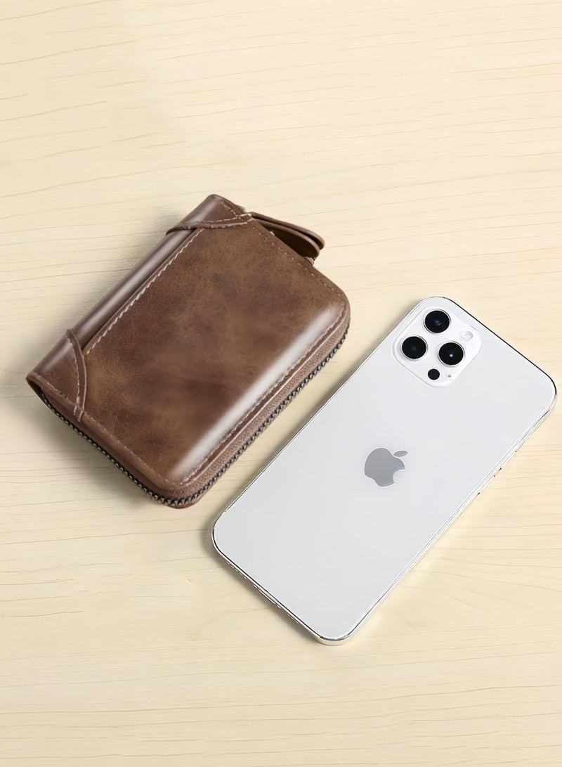 Hogan Men's RFID Blocking Leather Wallet - 12 Slot Organizer with Coin Pocket | Retro Crazy Horse Grain, Compact Slim Design (Dark Brown) - Image 4