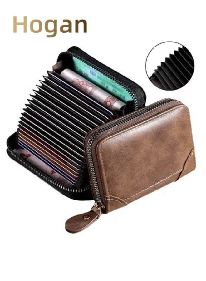 Hogan Men's RFID Blocking Leather Wallet - 12 Slot Organizer with Coin Pocket | Retro Crazy Horse Grain, Compact Slim Design (Dark Brown) - Image 1