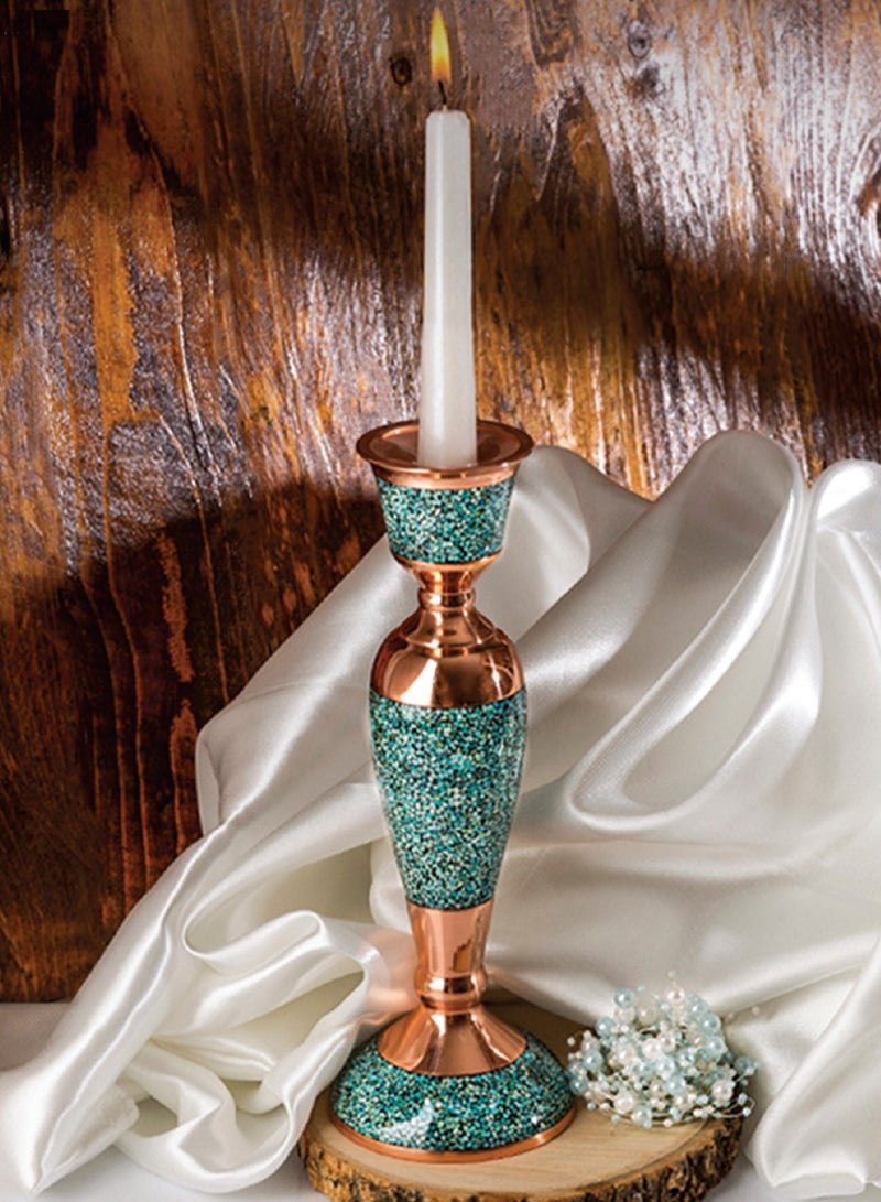 Aghajani Handcrafted Antique Copper and Turquoise Candlestick Holder, 24cm Vintage-Inspired Candle Holder for Home Decor - Image 1