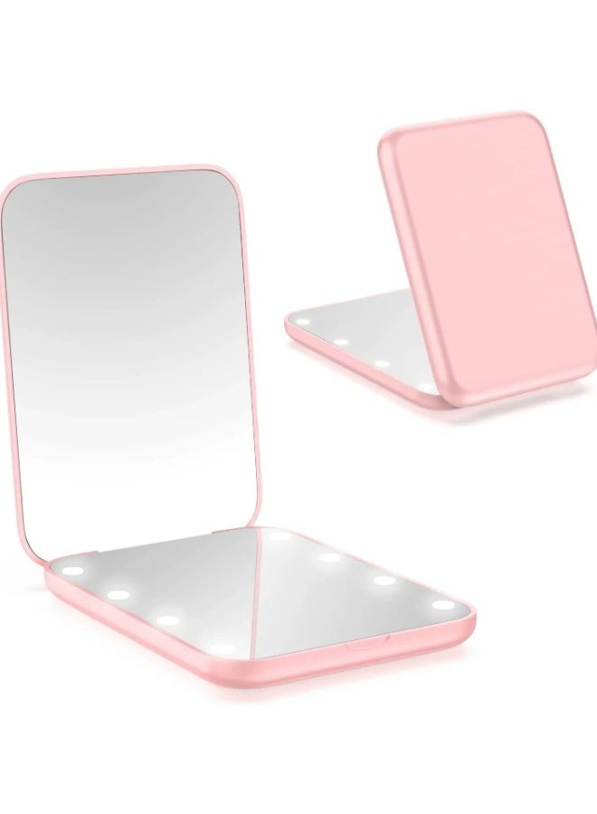 Pocket Mirror, 1X/2X Magnification LED Compact Travel Makeup Mirror With Light, 2-Sided, Portable, Folding, Handheld (Pink) - Image 1