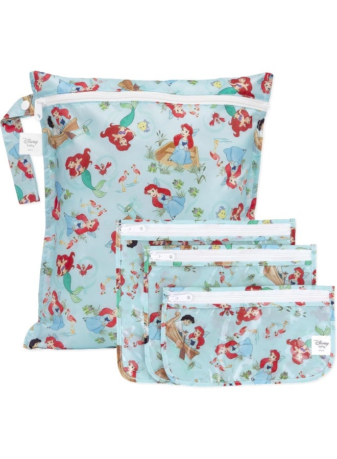 Bumkins - Waterproof Wet Bag & Clear Travel Bags - For Beach, Baby, Travel, Swim Suit, Cloth Diapers, Pump Parts, Pool, Gym, Toiletries - Reusable & Easy to Clean - Disney Ariel - 4 Pack - Image 1