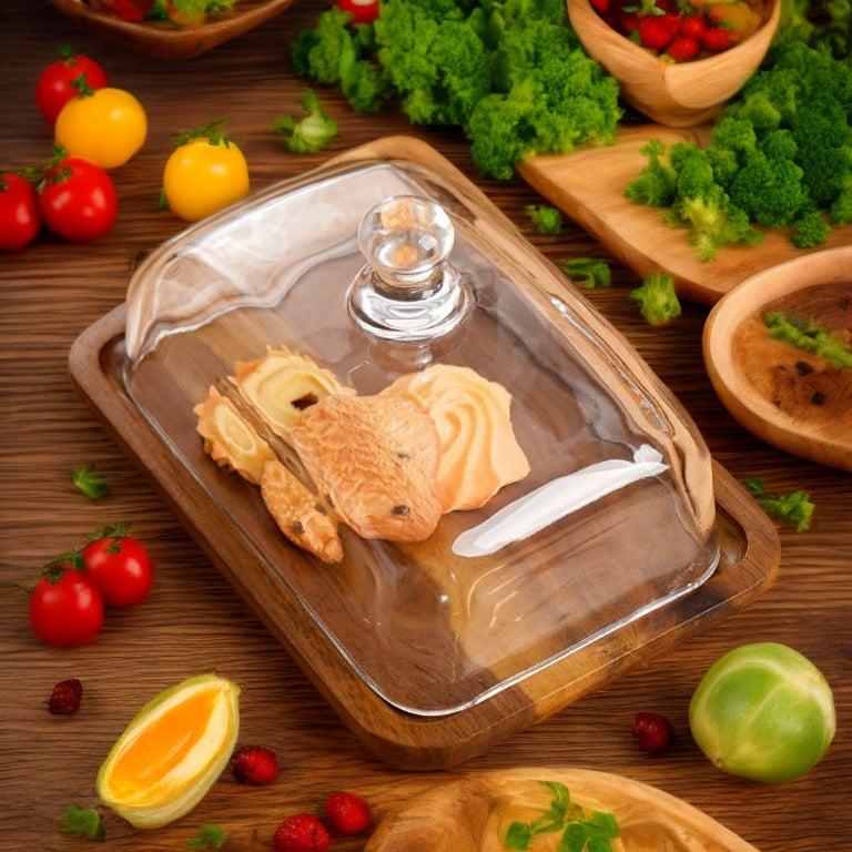 لوح الزبد من خشب الأكاسيا المستطيل المبيع سوقاً عبر الحدود مع غطاء زجاجي - لوح جبنة وزبد - لوح وجبات خفيفة وحلويات وكعكة (مجموعة لوح أطعمة خفيفة وكعكة الطول الطويل [خشب الأكاسيا]) - Image 2