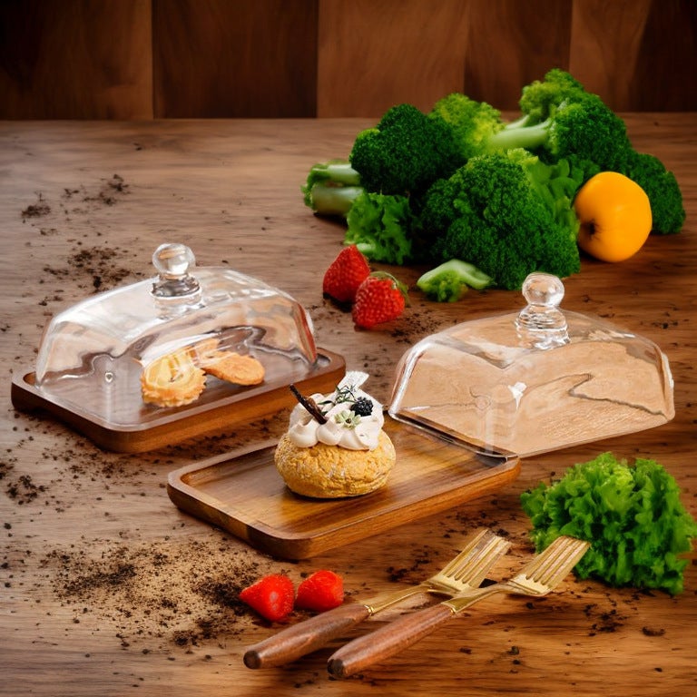 لوح الزبد من خشب الأكاسيا المستطيل المبيع سوقاً عبر الحدود مع غطاء زجاجي - لوح جبنة وزبد - لوح وجبات خفيفة وحلويات وكعكة (مجموعة لوح أطعمة خفيفة وكعكة الطول الطويل [خشب الأكاسيا]) - Image 5