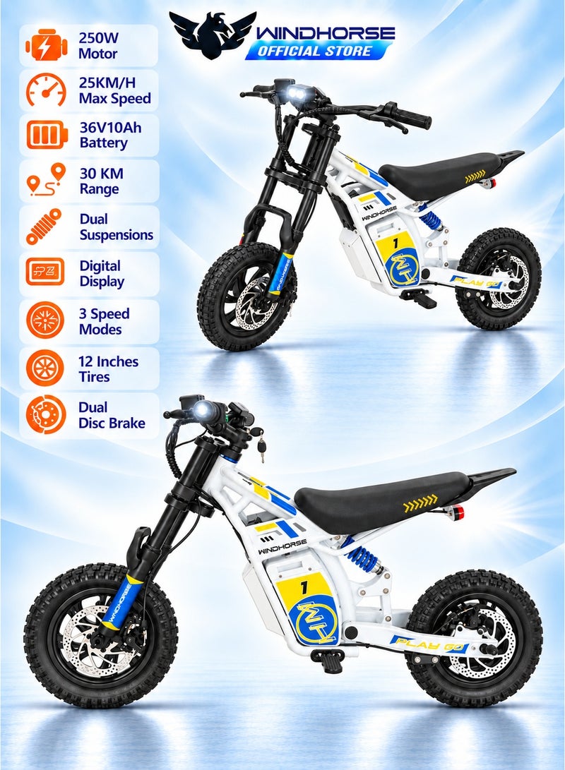 Wind Horse Kids Electric Bike 250W Motor, 25KM/H Max Speed, 36V10Ah Battery, 30 KM Range, Artificial Engine Sound, Bluetooth Speaker, Dual Suspensions, Digital Display, 3 Speed Mods, 12 Inches Tires, Dual Disc Brake (3-10 Age) - Image 1