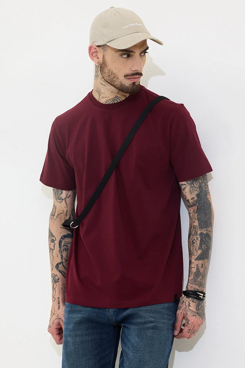 SNITCH Maroon Solid Half Sleeve Slim Fit Casual T-Shirt