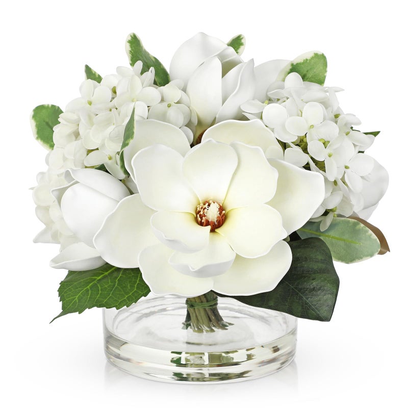 Briful باقة زهور صناعية من الماغنوليا والهيدرانجيا في مزهرية زجاجية، طولها 9.4 بوصة، مصنوعة من الحرير الأبيض الصناعي مع ماء صناعي، تُضفي لمسة جمالية على ديكور المنزل أو المكتب أو الطاولة أو الرف. - Image 1