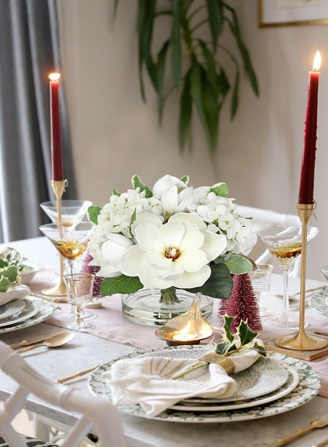 Briful باقة زهور صناعية من الماغنوليا والهيدرانجيا في مزهرية زجاجية، طولها 9.4 بوصة، مصنوعة من الحرير الأبيض الصناعي مع ماء صناعي، تُضفي لمسة جمالية على ديكور المنزل أو المكتب أو الطاولة أو الرف. - Image 5