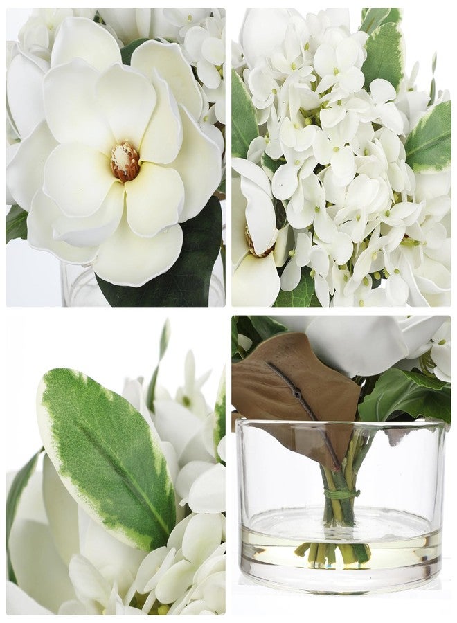 Briful باقة زهور صناعية من الماغنوليا والهيدرانجيا في مزهرية زجاجية، طولها 9.4 بوصة، مصنوعة من الحرير الأبيض الصناعي مع ماء صناعي، تُضفي لمسة جمالية على ديكور المنزل أو المكتب أو الطاولة أو الرف. - Image 3