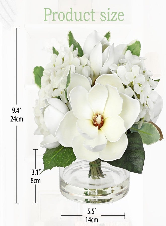 Briful باقة زهور صناعية من الماغنوليا والهيدرانجيا في مزهرية زجاجية، طولها 9.4 بوصة، مصنوعة من الحرير الأبيض الصناعي مع ماء صناعي، تُضفي لمسة جمالية على ديكور المنزل أو المكتب أو الطاولة أو الرف. - Image 2