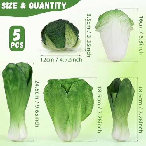 Woration Green Artificial Vegetables Set Lifelike Lettuce Broccoli Cabbage PU Food Model Decoration for Home Kitchen Shop Cabinet Supermarket Garden DIY Garland 5pcs - Image 3