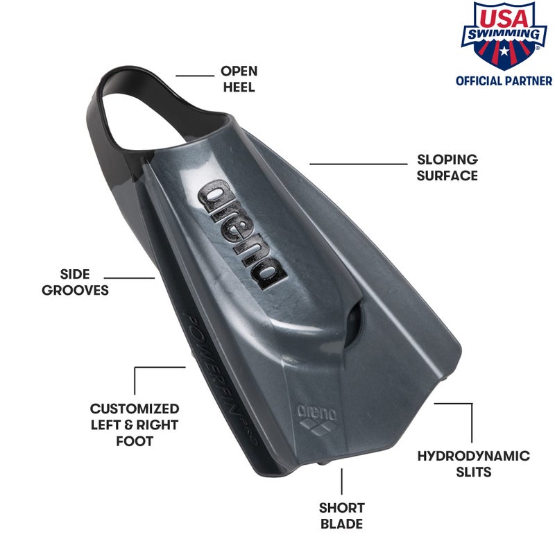 Arena Unisex Adult Powerfin Pro II Swim Training Fins Men and Women Silicone Short Blade Flippers Left/Right Customized, Black, Size 11-12 - Image 2