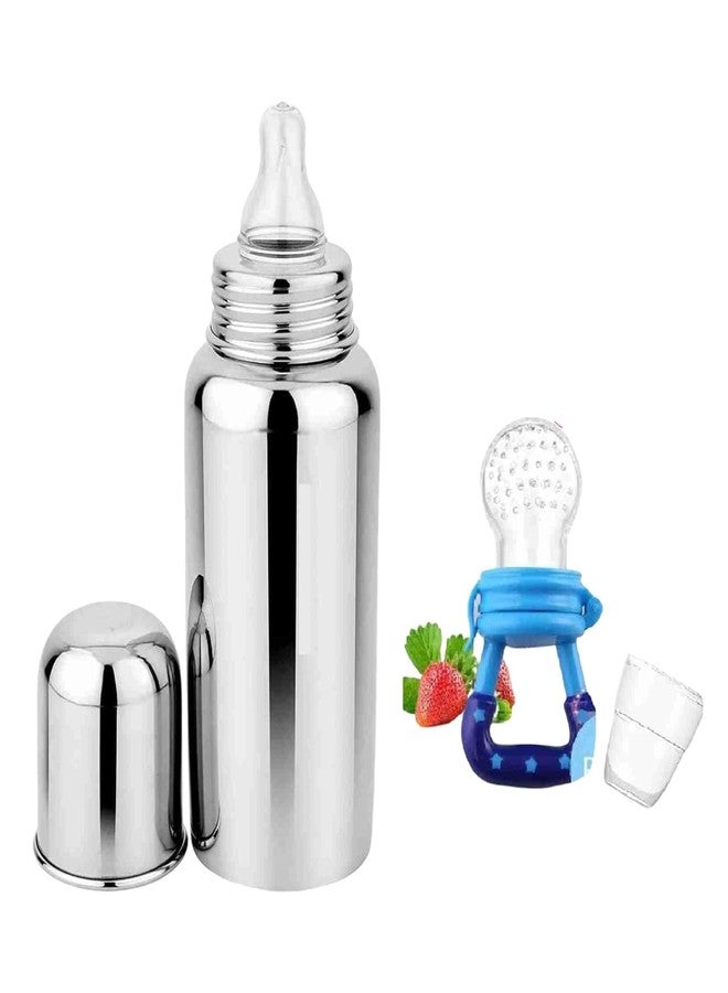JAAYANSHA Baby 2 in 1 Multi-Functional Stainless Steel Milk Juice Feeding Bottle 240ml with Food Feeder Fruit Nibbler for Babies BPA Free (Pack of-2) - Image 1