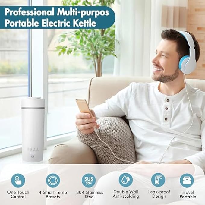 ريحني غلاية كهربائية محمولة للسفر، غلاية كهربائية من الفولاذ المقاوم للصدأ للقهوة، الحليب، الشاي، الماء الساخن، غلاية، كوب ماء كهربائي، وعاء صحي، غلي حماية من الجفاف، إيقاف تلقائي، إيقاف التشغيل التلقائي 475 مل4 متغير S - Image 3