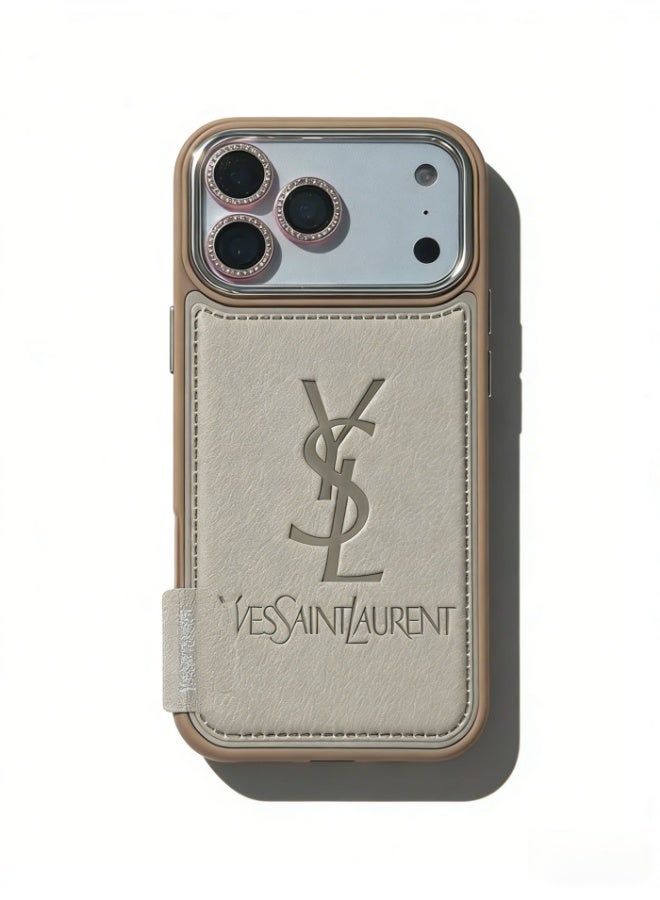 سانت لوران حافظة بطاقة جلدية من يves Saint Laurent لجهاز iPhone 16/17 Pro Max - بيج - Image 1