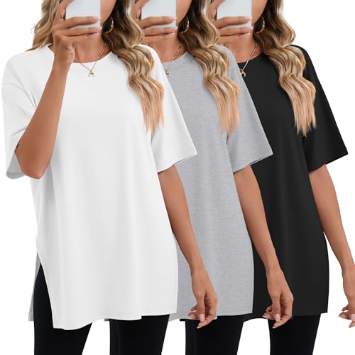 Huukeay 3 Pack Women's Oversized Gym T Shirts Short Sleeve Side Split Crewneck Tops Casual Workout Baggy Basic Tee(Black, White, Gray,XXL) - Image 1