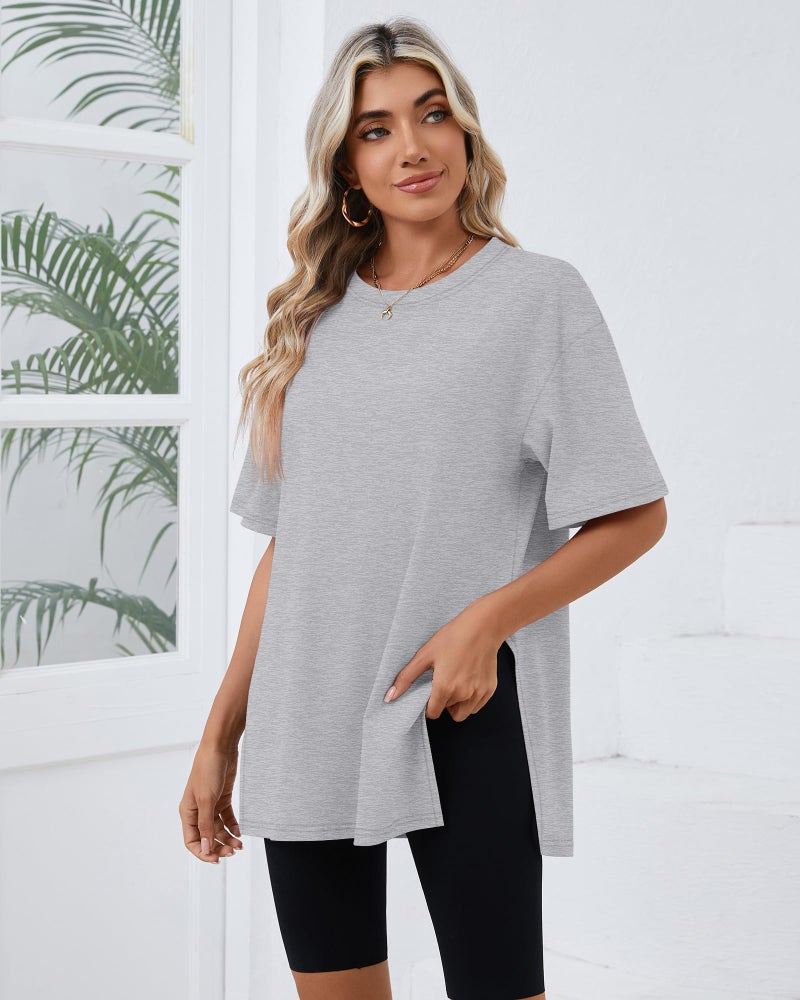 Huukeay 3 Pack Women's Oversized Gym T Shirts Short Sleeve Side Split Crewneck Tops Casual Workout Baggy Basic Tee(Black, White, Gray,XXL) - Image 2