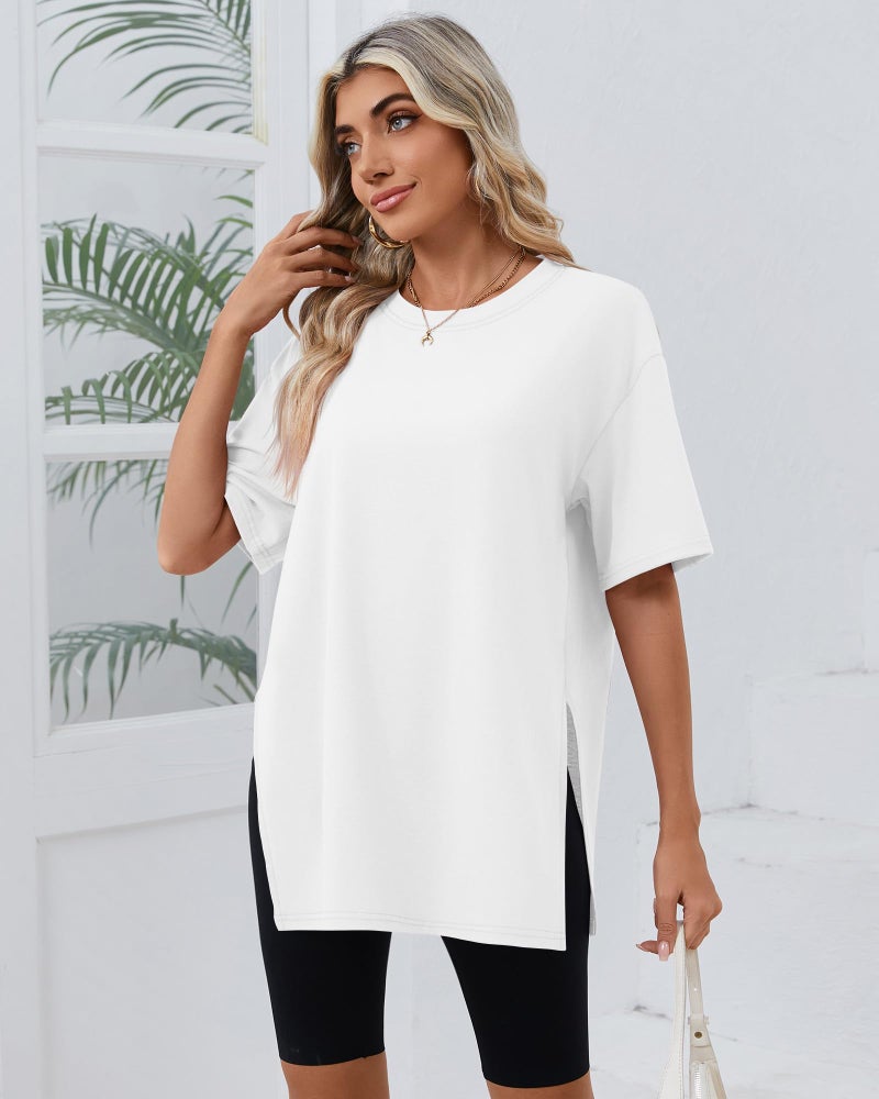 Huukeay 3 Pack Women's Oversized Gym T Shirts Short Sleeve Side Split Crewneck Tops Casual Workout Baggy Basic Tee(Black, White, Gray,XXL) - Image 5