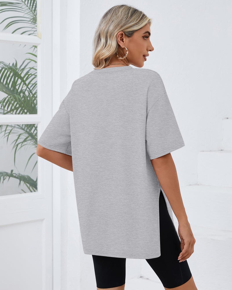 Huukeay 3 Pack Women's Oversized Gym T Shirts Short Sleeve Side Split Crewneck Tops Casual Workout Baggy Basic Tee(Black, White, Gray,XXL) - Image 4