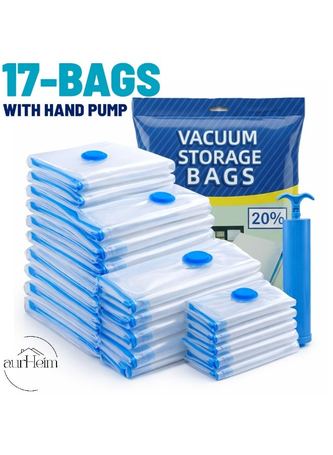 Aurheim Vacuum Storage Bags with zipper, Airtight valve and Hand Pump,17-Pack (3XL+4L+ 5M+5S)- clear, Space Saver Reusable Compression Seal Bag for Travel Clothes, Comforters, Pillows, Blankets - Image 1
