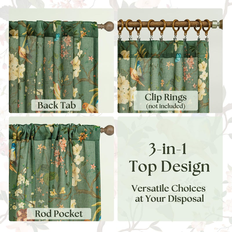 Seeluck Extra Long Olive Green Spring Linen Floral Bird Curtains 108 Inch Length 2 Panels Back Tab for Living Room Boho Semi Sheer Leaf Flower Patterned Drapes Vintage Country Light Filtering Dining Room - Image 5