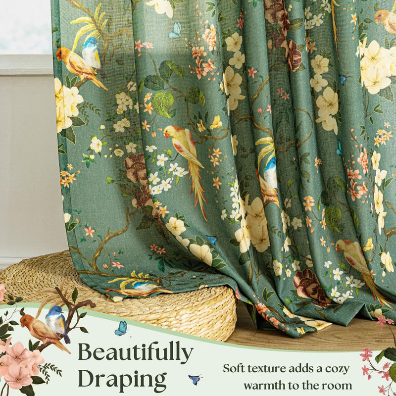 Seeluck Extra Long Olive Green Spring Linen Floral Bird Curtains 108 Inch Length 2 Panels Back Tab for Living Room Boho Semi Sheer Leaf Flower Patterned Drapes Vintage Country Light Filtering Dining Room - Image 3