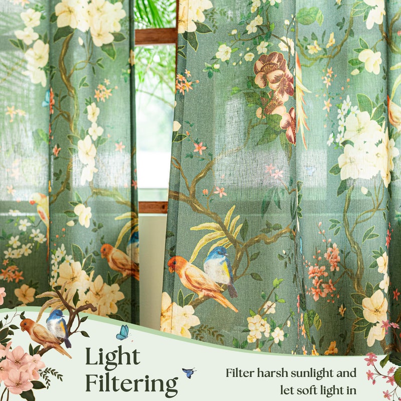 Seeluck Extra Long Olive Green Spring Linen Floral Bird Curtains 108 Inch Length 2 Panels Back Tab for Living Room Boho Semi Sheer Leaf Flower Patterned Drapes Vintage Country Light Filtering Dining Room - Image 4