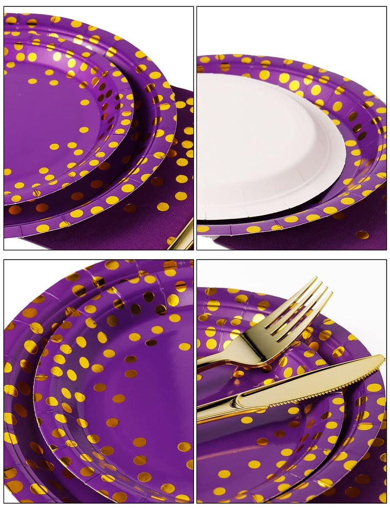 Nkaiso 141 Pieces Purple Gold Party Supplies  Party Dinnerware Sets Include Paper Plates Napkins Cups Silverware  for Wedding Bridal Shower Engagement Birthday Parties Decoration -20 Serves - Image 1