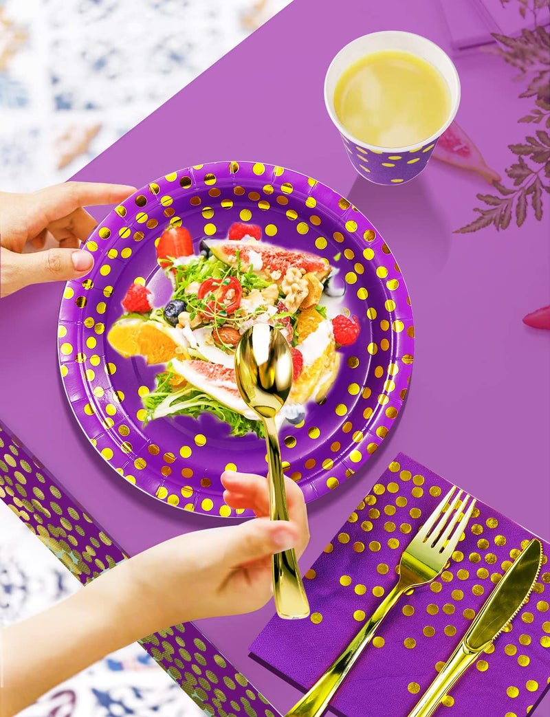 Nkaiso 141 Pieces Purple Gold Party Supplies  Party Dinnerware Sets Include Paper Plates Napkins Cups Silverware  for Wedding Bridal Shower Engagement Birthday Parties Decoration -20 Serves - Image 3