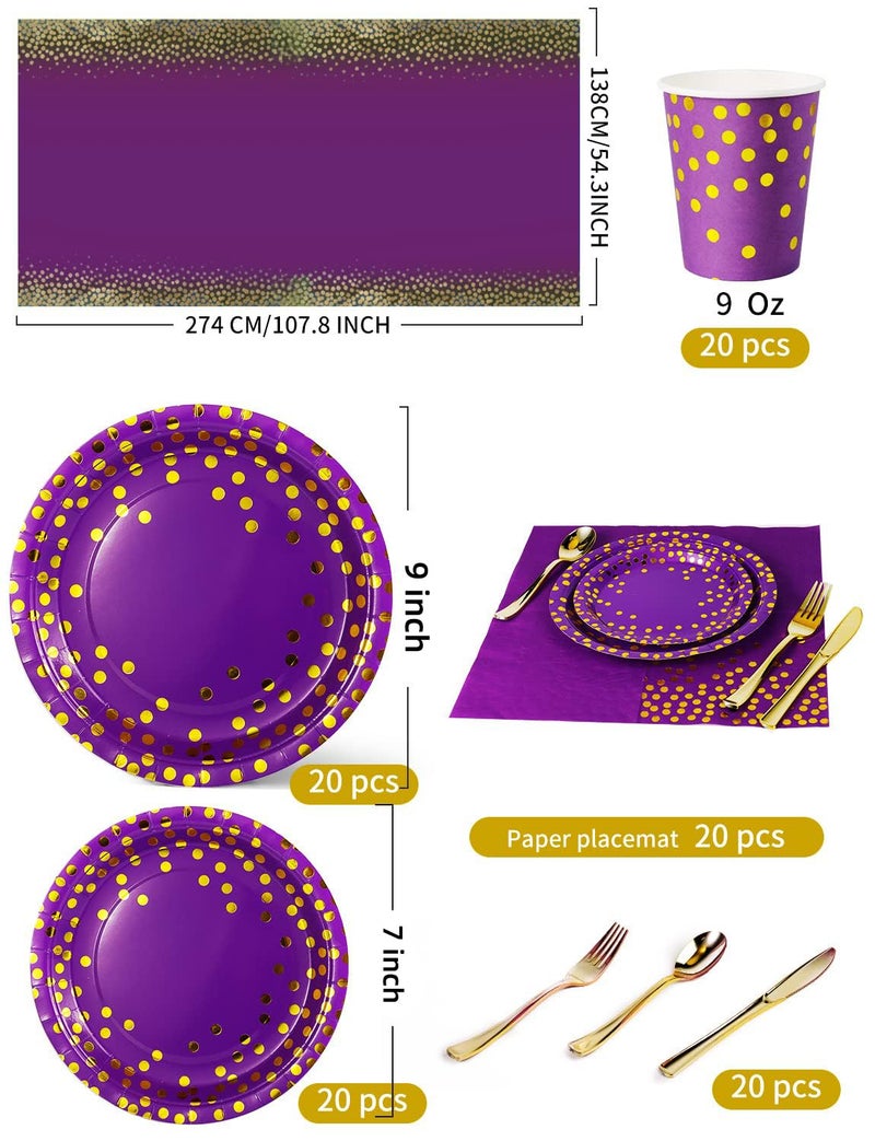 Nkaiso 141 Pieces Purple Gold Party Supplies  Party Dinnerware Sets Include Paper Plates Napkins Cups Silverware  for Wedding Bridal Shower Engagement Birthday Parties Decoration -20 Serves - Image 2