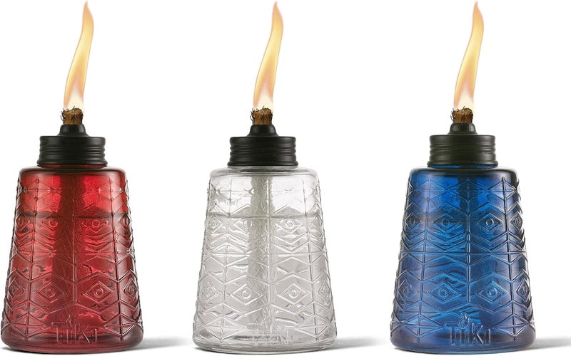 TiKi Molded Glass Decorative Tabletop Torches (Set of 3) – Red, White & Blue Outdoor Lighting for Lawn, Patio & Garden | Weather-Resistant | Includes Long-Lasting Wick & Snuffer - Image 1